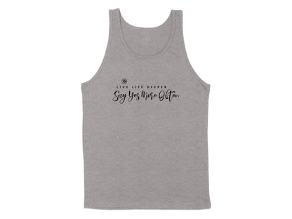 Athletic Heather tank top featuring Live Life Deeper lettering, elegant calligraphy, and uplifting message artwork.