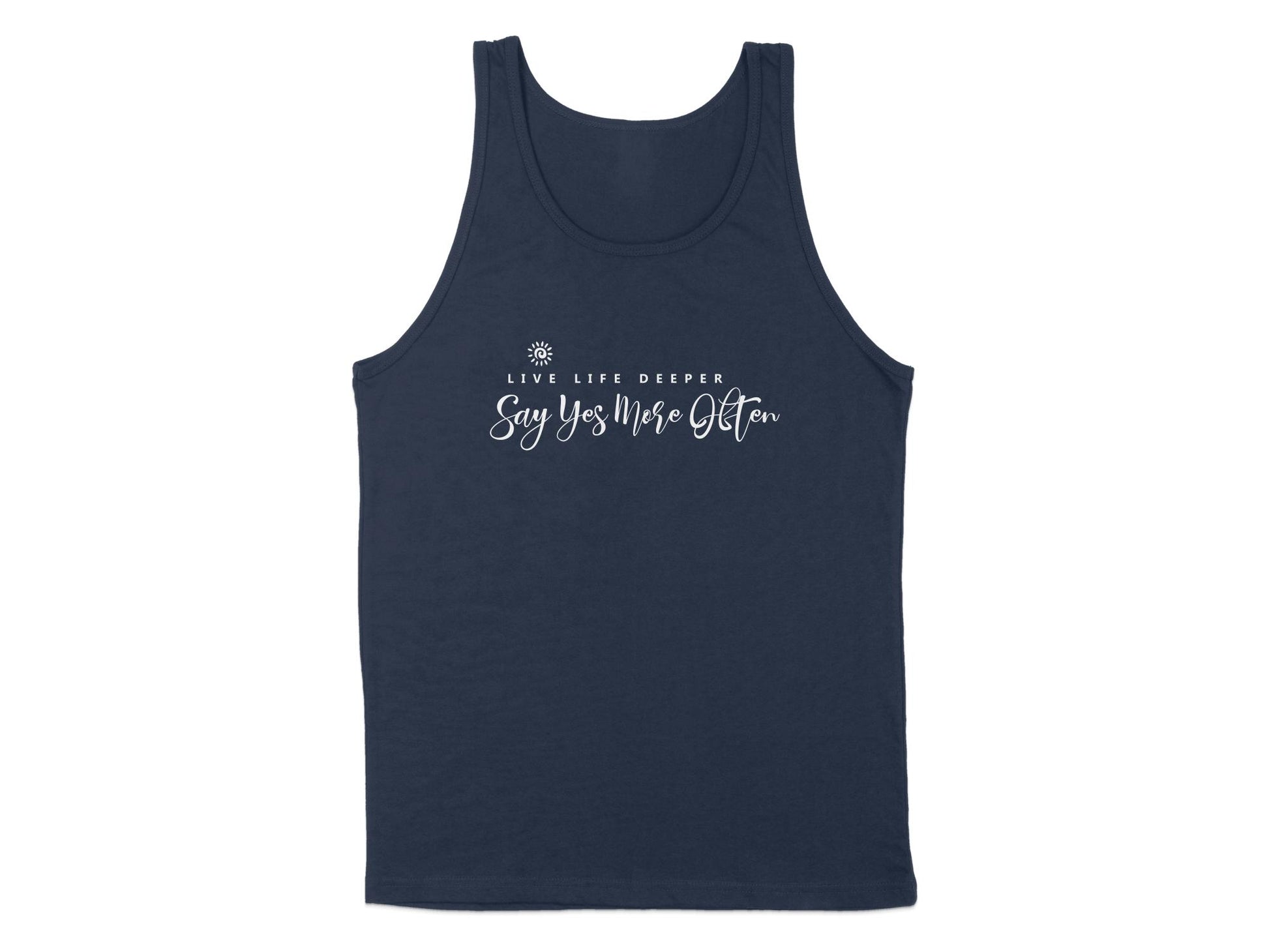 Navy Live Life Deeper Tank Top, sleeveless, scoop neck, soft fabric with an uplifting graphic for effortless style.