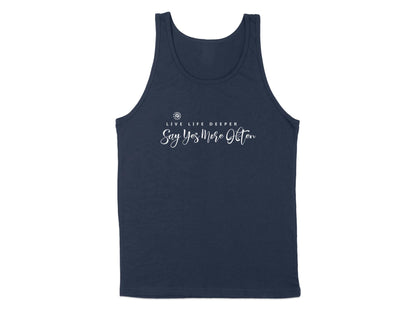 Navy Live Life Deeper Tank Top, sleeveless, scoop neck, soft fabric with an uplifting graphic for effortless style.