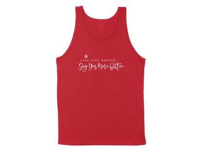 Red Live Life Deeper Tank Top, sleeveless, scoop neck, with an empowering graphic, perfect for a bold, relaxed look.