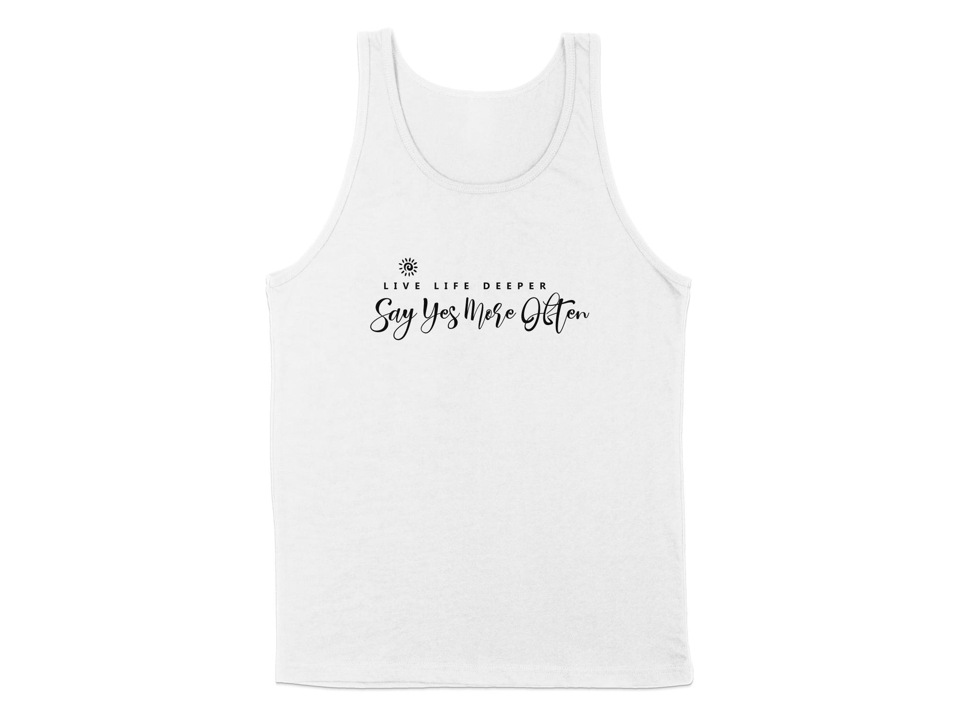 White Live Life Deeper Tank Top, sleeveless, scoop neck, unisex fit with a deep message graphic for positive energy.