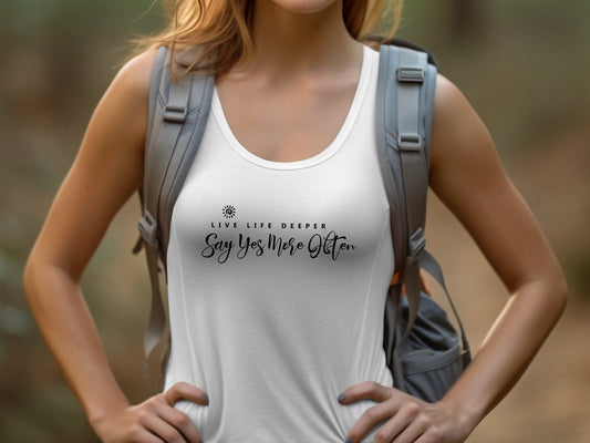 Live Life Deeper Tank Top, sleeveless, scoop neck, featuring an inspirational graphic for a positive, laid-back vibe.