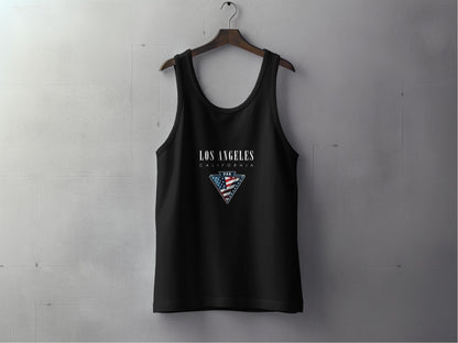 Black Los Angeles Tank Top, sleeveless, scoop neck, cotton fabric, and unisex fit for casual, relaxed style.