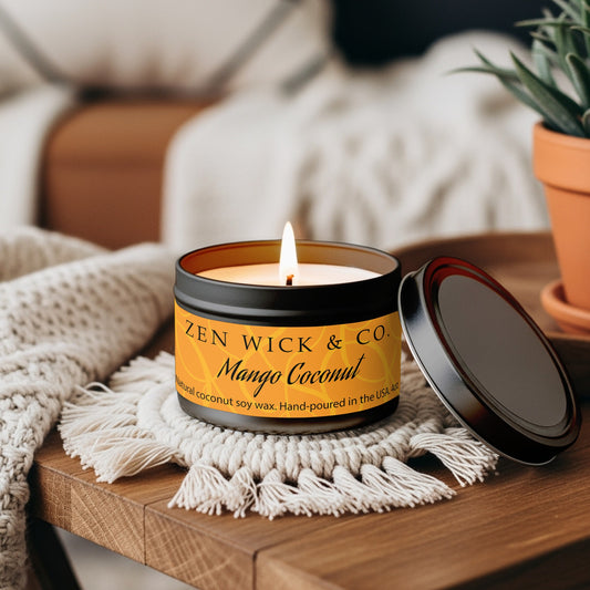 Mango coconut scented candle 4oz styled on coffee table adding a light fruity touch to modern living space.