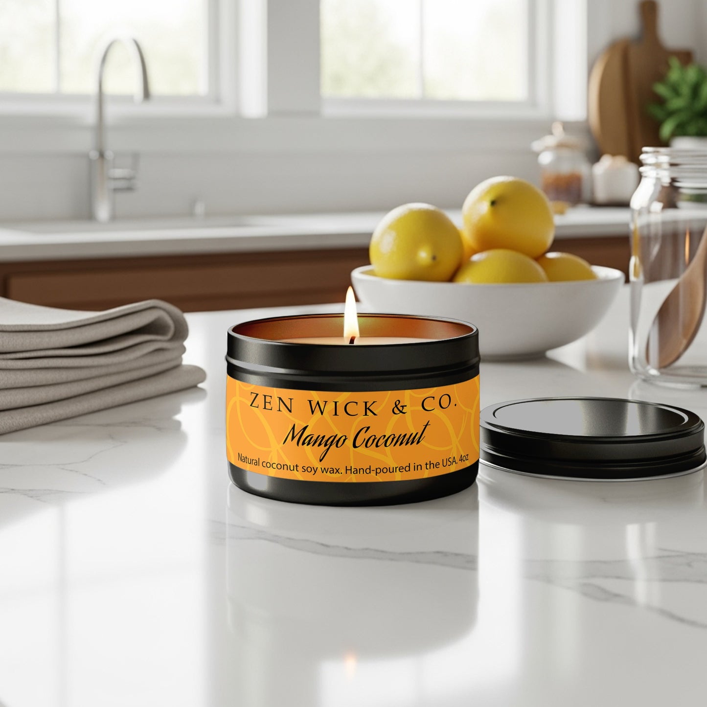 Mango coconut scented candle 4oz placed on kitchen countertop bringing a sweet tropical aroma to the room.