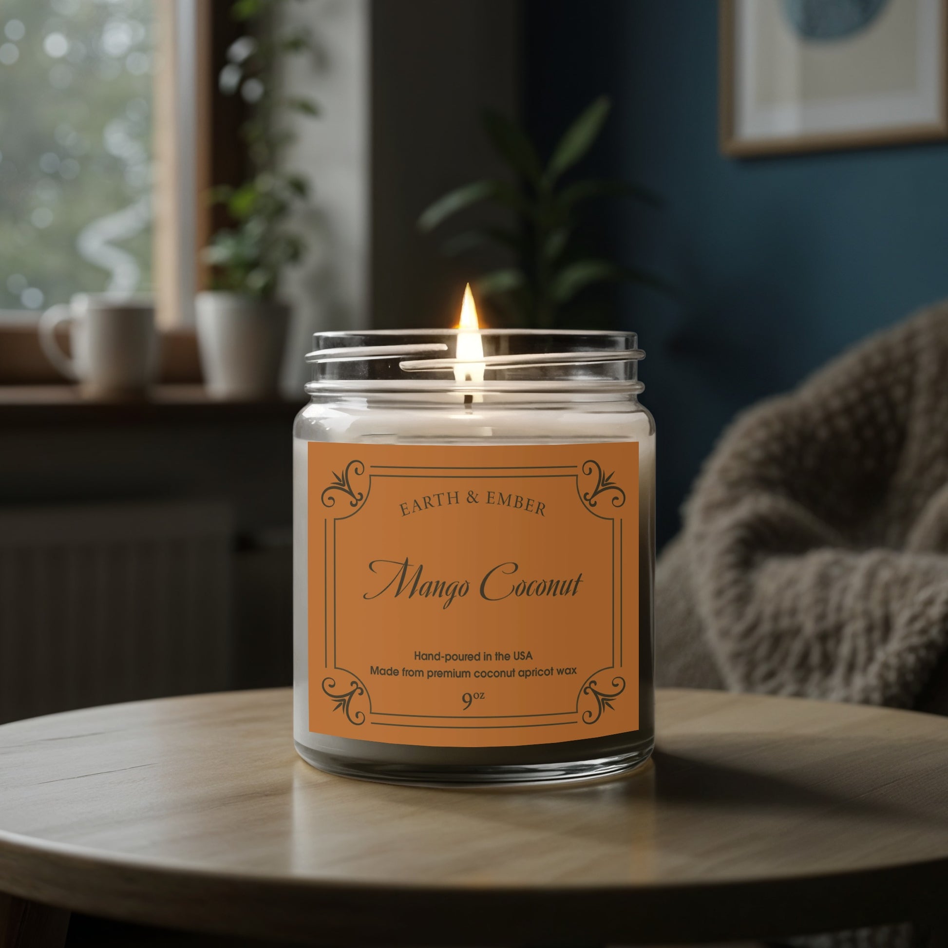 Mango Coconut scented candle glowing softly to create warm, relaxing ambient lighting.
