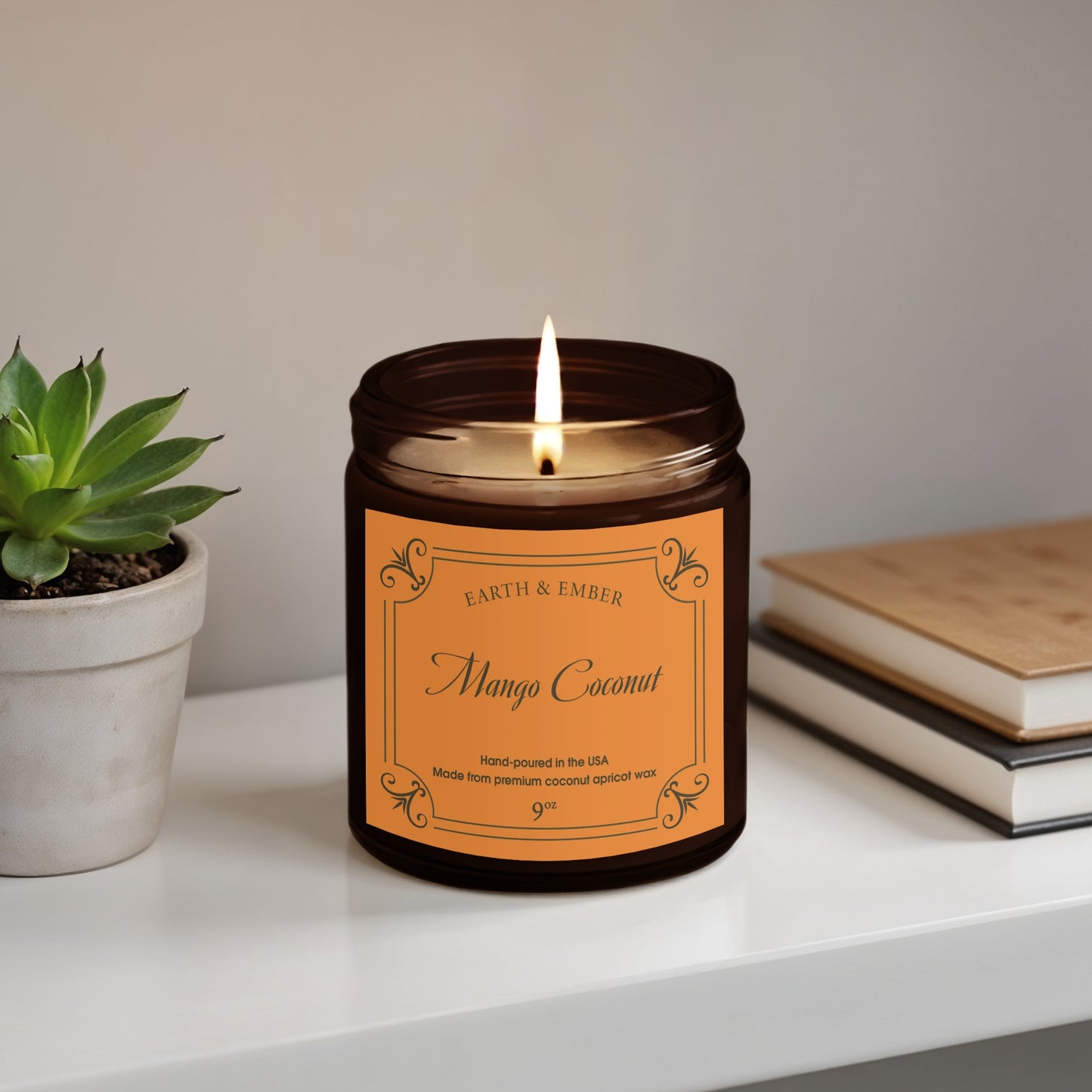 Mango Coconut scented candle 9oz in amber jar with tropical fruit aroma and clean, long-lasting burn.