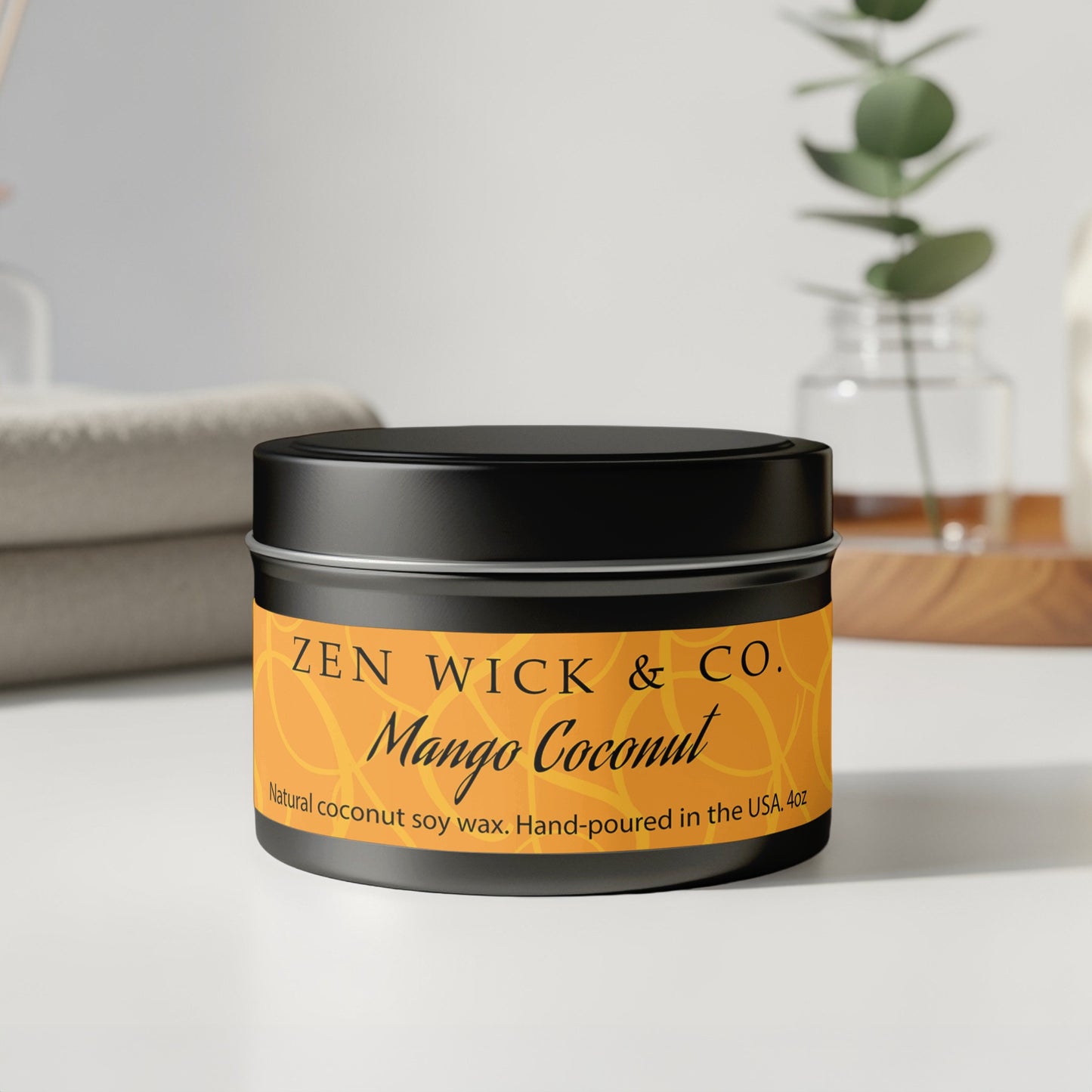 Mango coconut tin candle 4oz with lid on displayed on table highlighting compact size and clean design.