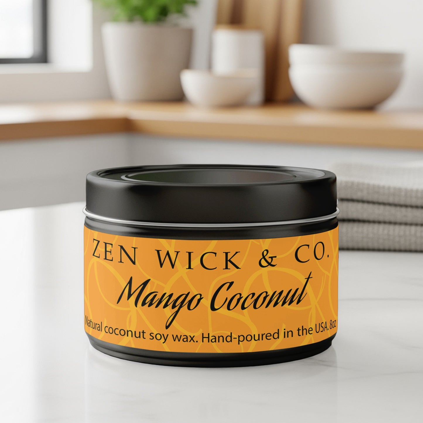Mango coconut scented candle 8oz with lid on featuring a reusable tin container ideal for storage or decor.
