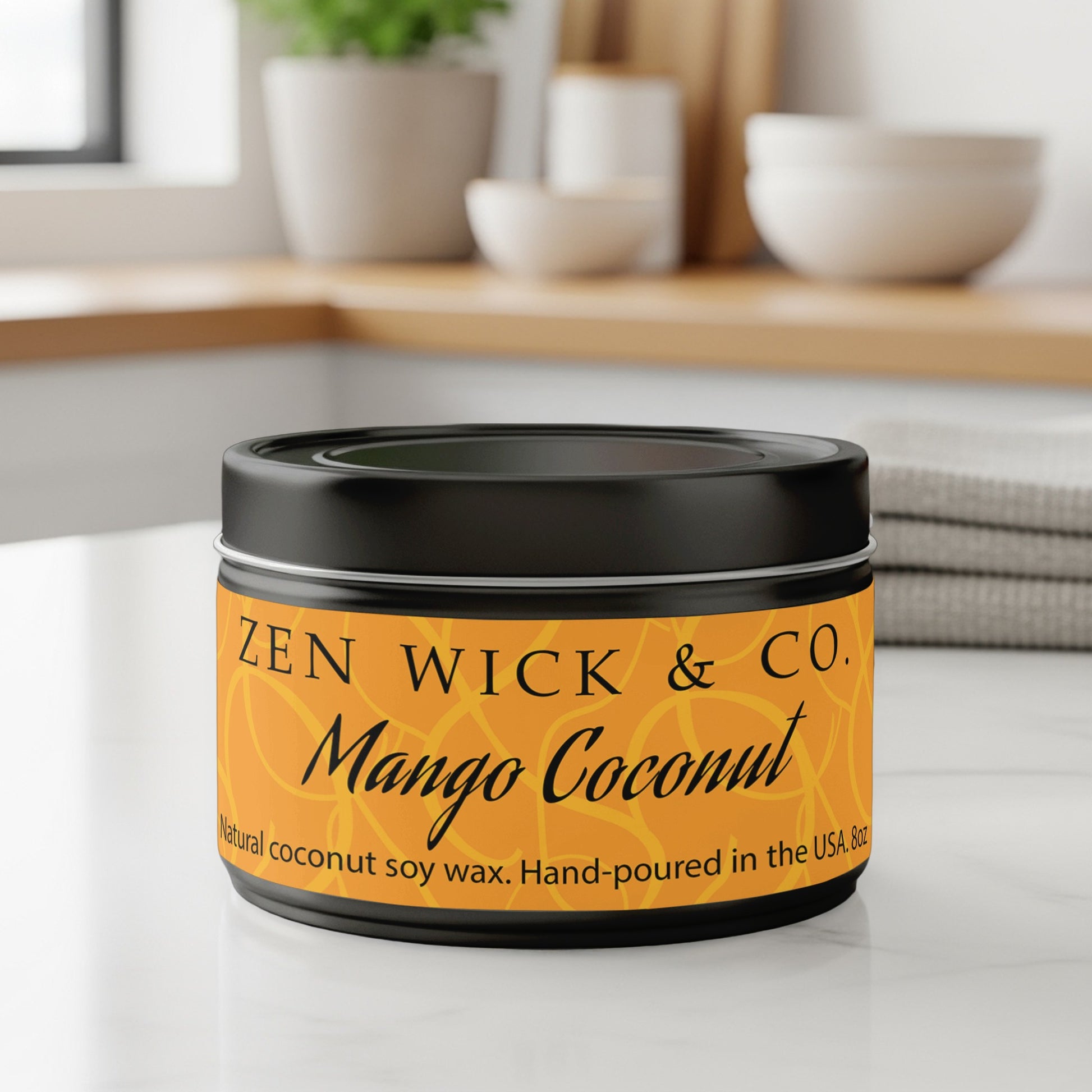 Mango coconut scented candle 8oz with lid on featuring a reusable tin container ideal for storage or decor.