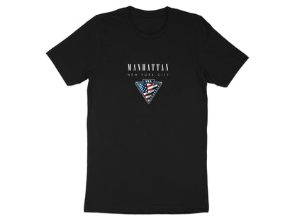 Black Manhattan T-shirt with distressed white serif Manhattan lettering and inverted triangle American flag emblem.