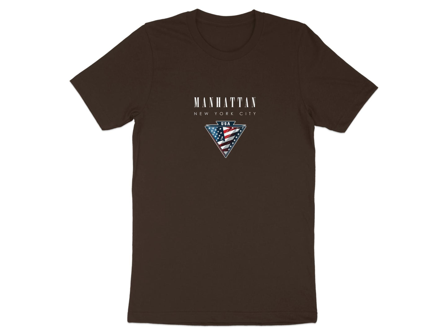 Brown Manhattan T-shirt featuring distressed Manhattan white lettering and framed USA flag graphic.