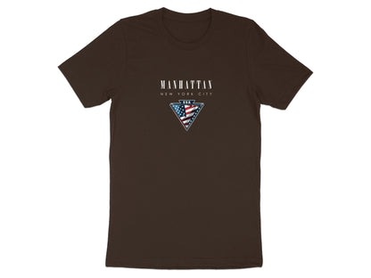 Brown Manhattan T-shirt featuring distressed Manhattan white lettering and framed USA flag graphic.