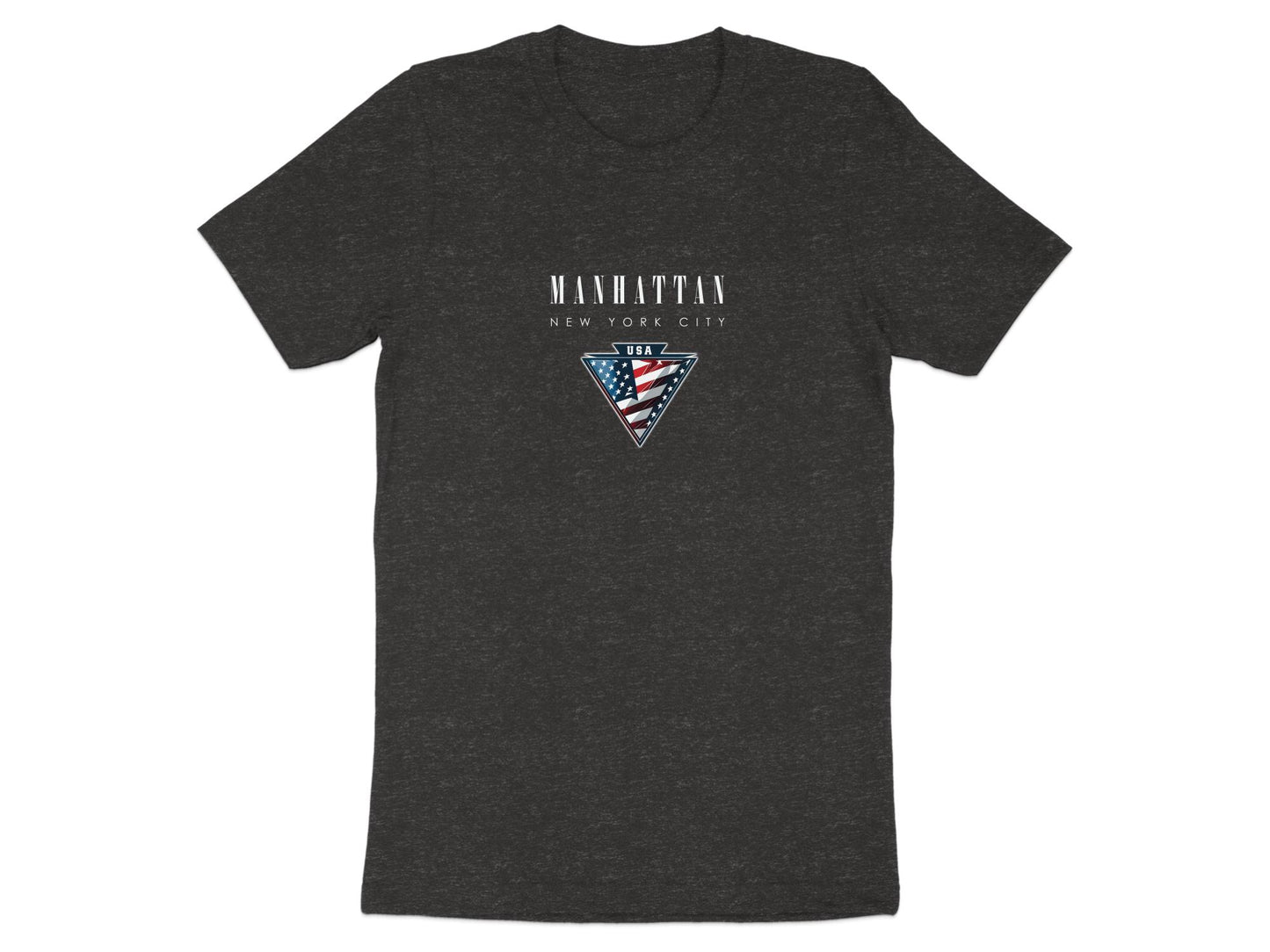 Dark heather grey Manhattan t-shirt with centre-chest Americana emblem and angular flag detailing.