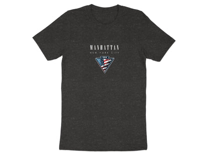 Dark heather grey Manhattan t-shirt with centre-chest Americana emblem and angular flag detailing.
