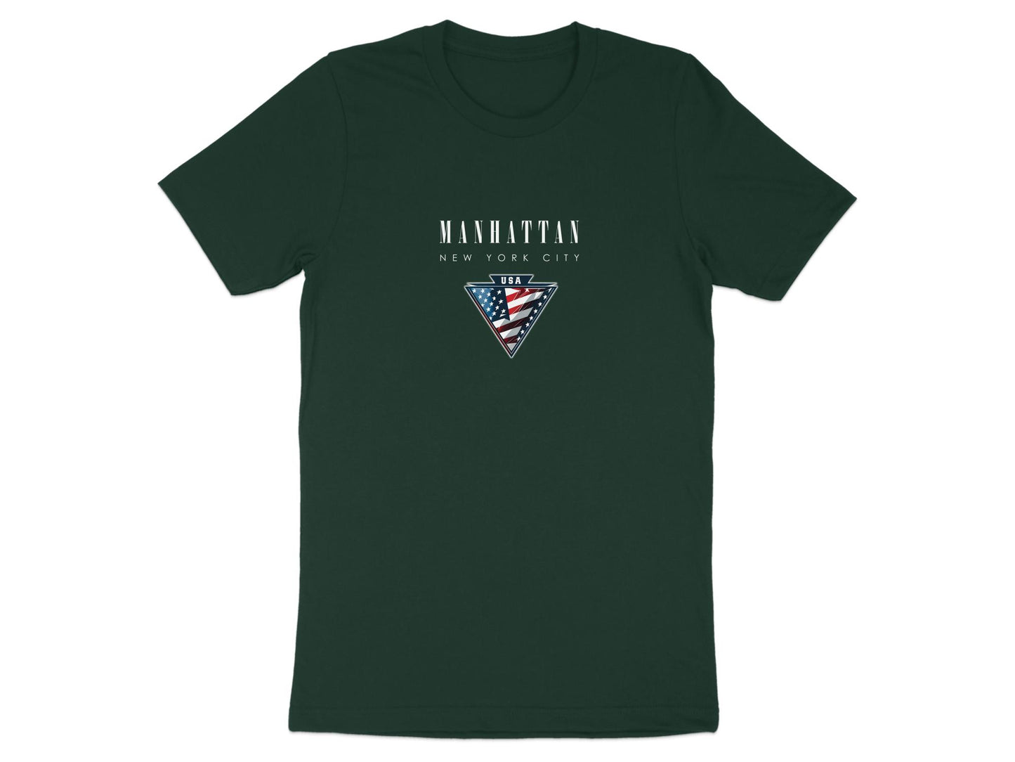 Forest green Manhattan T-shirt with inverted triangle USA emblem and smaller New York City white typography.