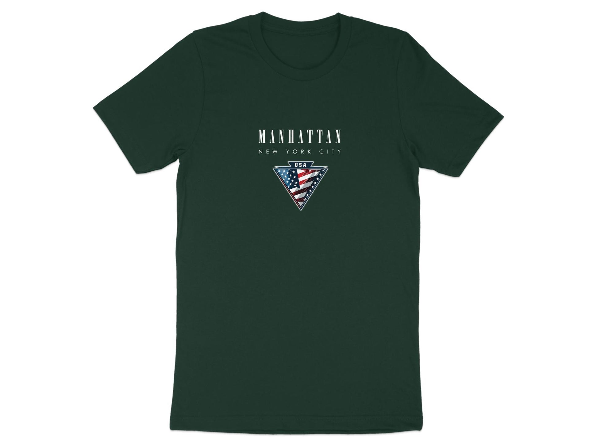 Forest green Manhattan T-shirt with inverted triangle USA emblem and smaller New York City white typography.