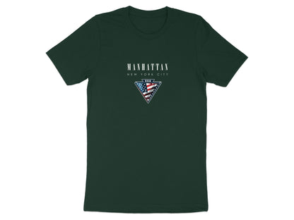 Forest green Manhattan T-shirt with inverted triangle USA emblem and smaller New York City white typography.