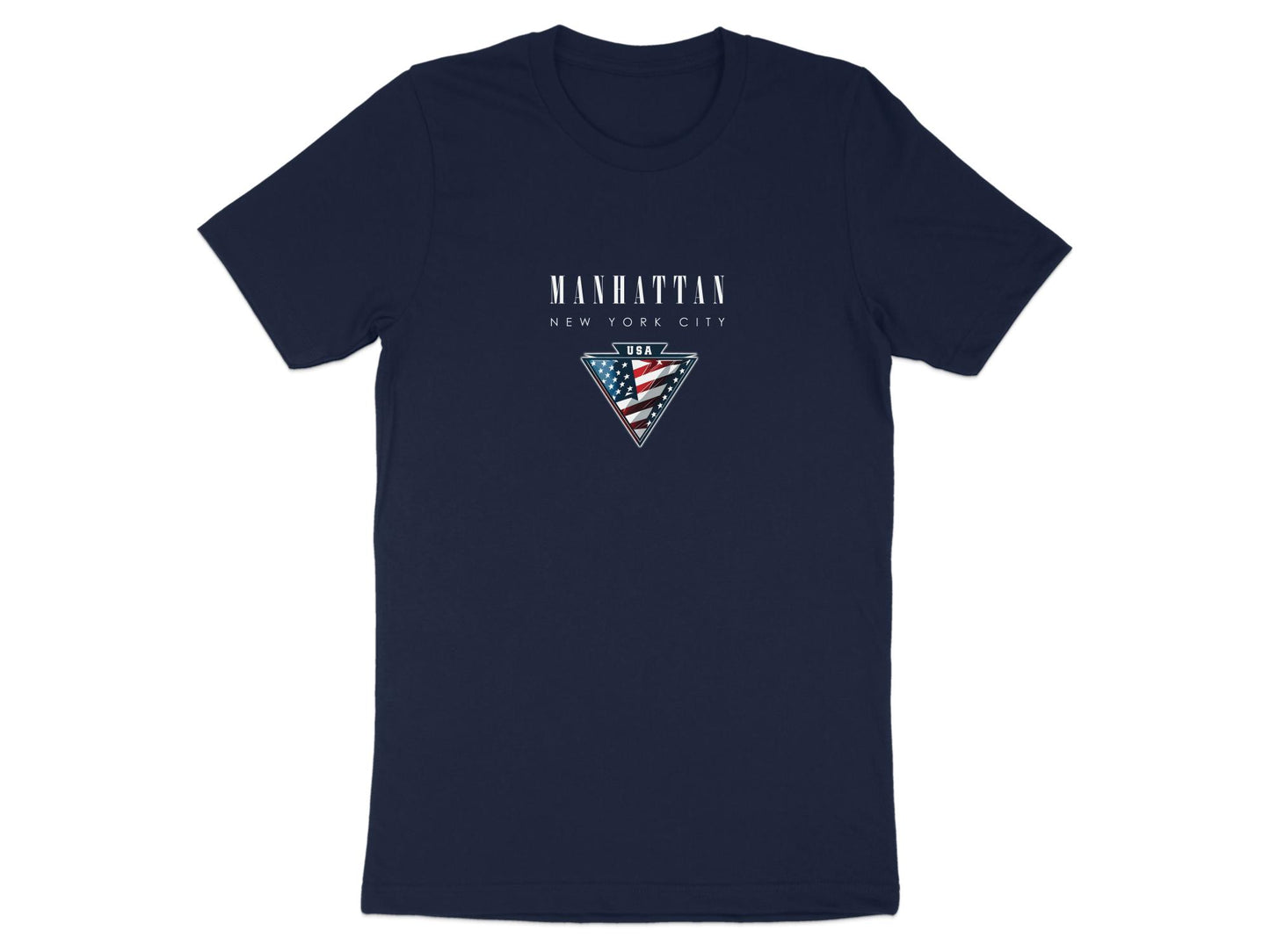Navy Manhattan T-shirt featuring New York City typography and metallic-style USA badge graphic.