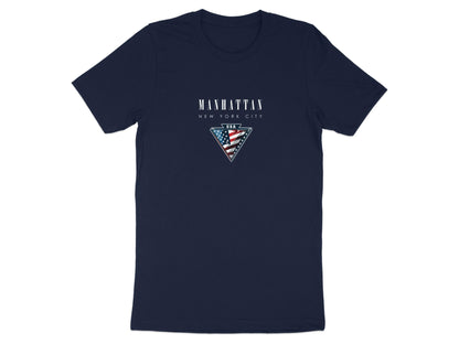 Navy Manhattan T-shirt featuring New York City typography and metallic-style USA badge graphic.
