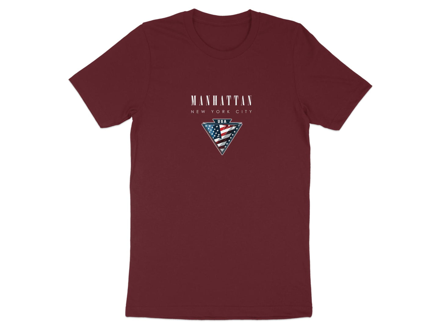 Maroon Manhattan T-shirt featuring white serif city lettering and metallic-style Americana badge centre-chest.