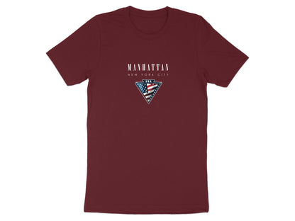 Maroon Manhattan T-shirt featuring white serif city lettering and metallic-style Americana badge centre-chest.