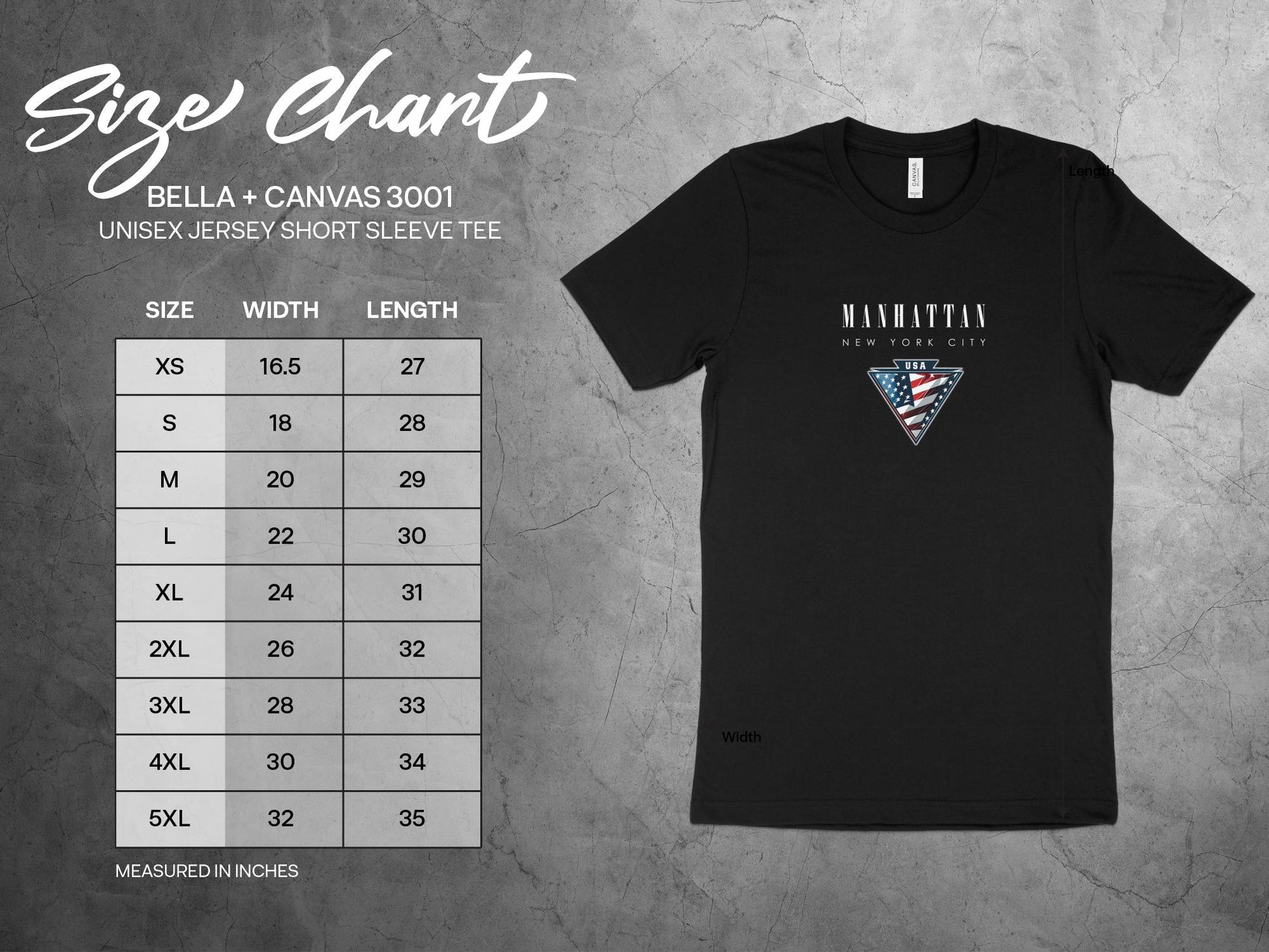 Size chart for Manhattan T-shirt with chest width and body length measurements for sizes S to 3XL.