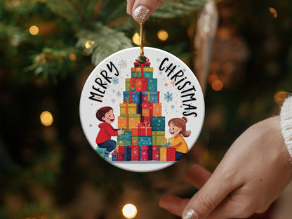 Round Christmas ornament with cheerful children, brightly wrapped gifts, and multicoloured snowflake accents.