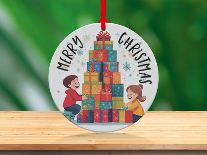 Holiday keepsake ornament depicting childhood Christmas excitement with presents and cheerful festive details.