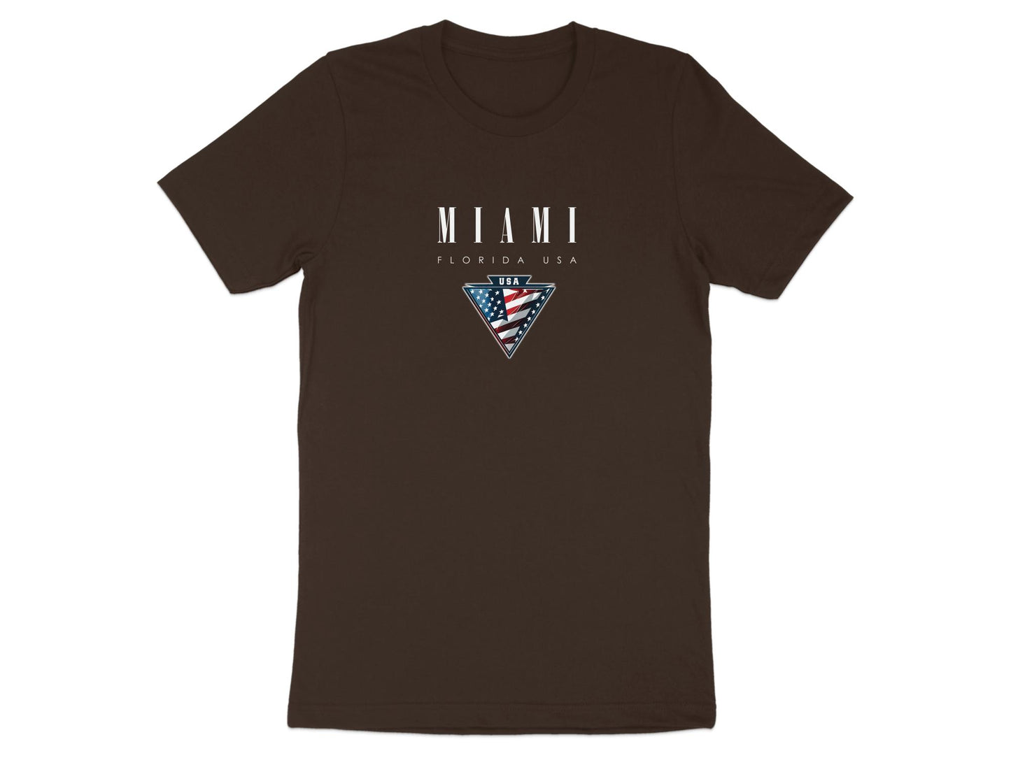 Brown Miami T-shirt featuring white Miami Florida USA typography and inverted triangle flag emblem.