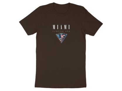 Brown Miami T-shirt featuring white Miami Florida USA typography and inverted triangle flag emblem.