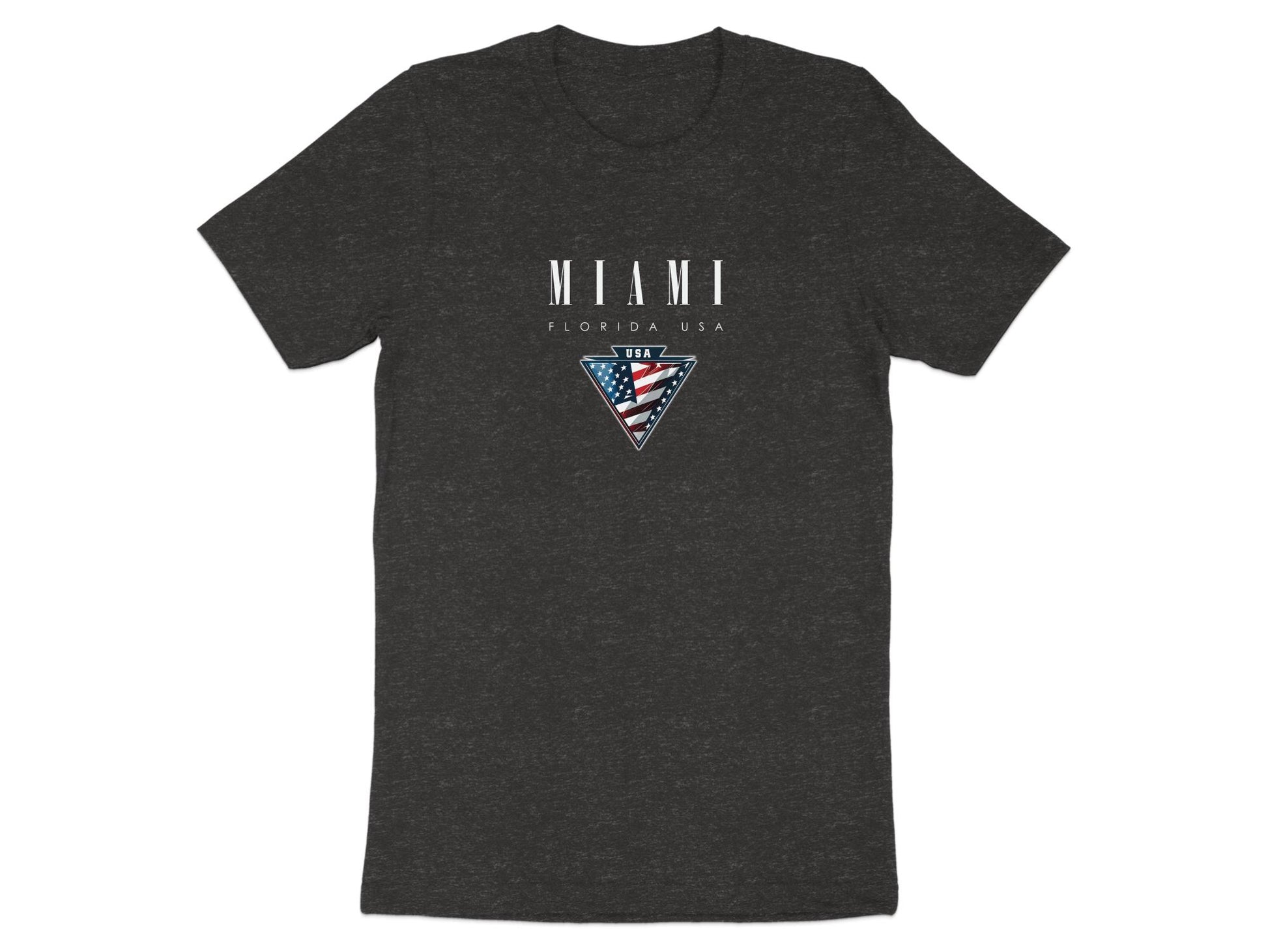 Dark heather grey Miami tee with centre-chest American flag emblem and metallic-style framed border.