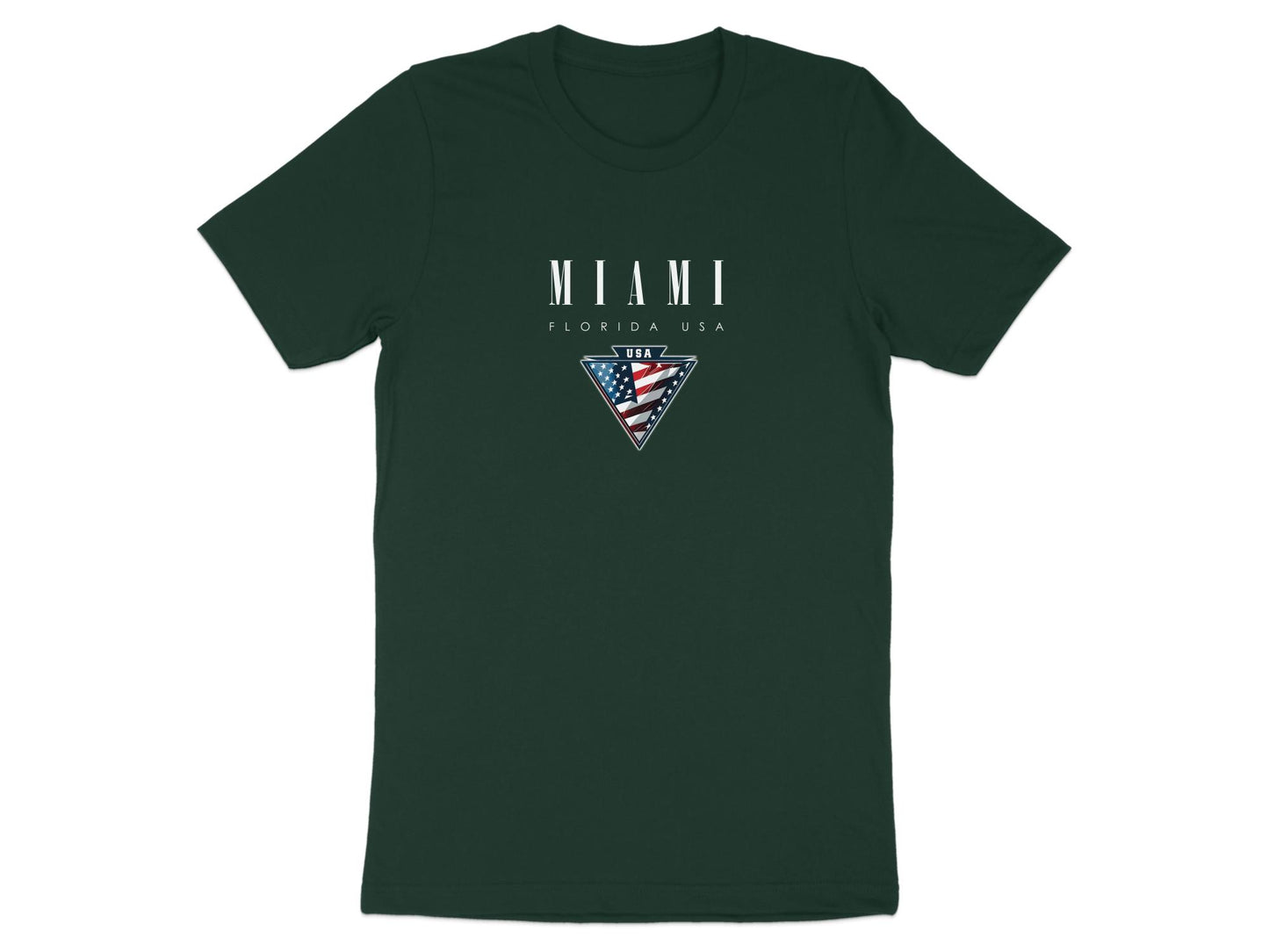 Forest green Miami T-shirt with centre-chest American flag badge and metallic-style border detail.
