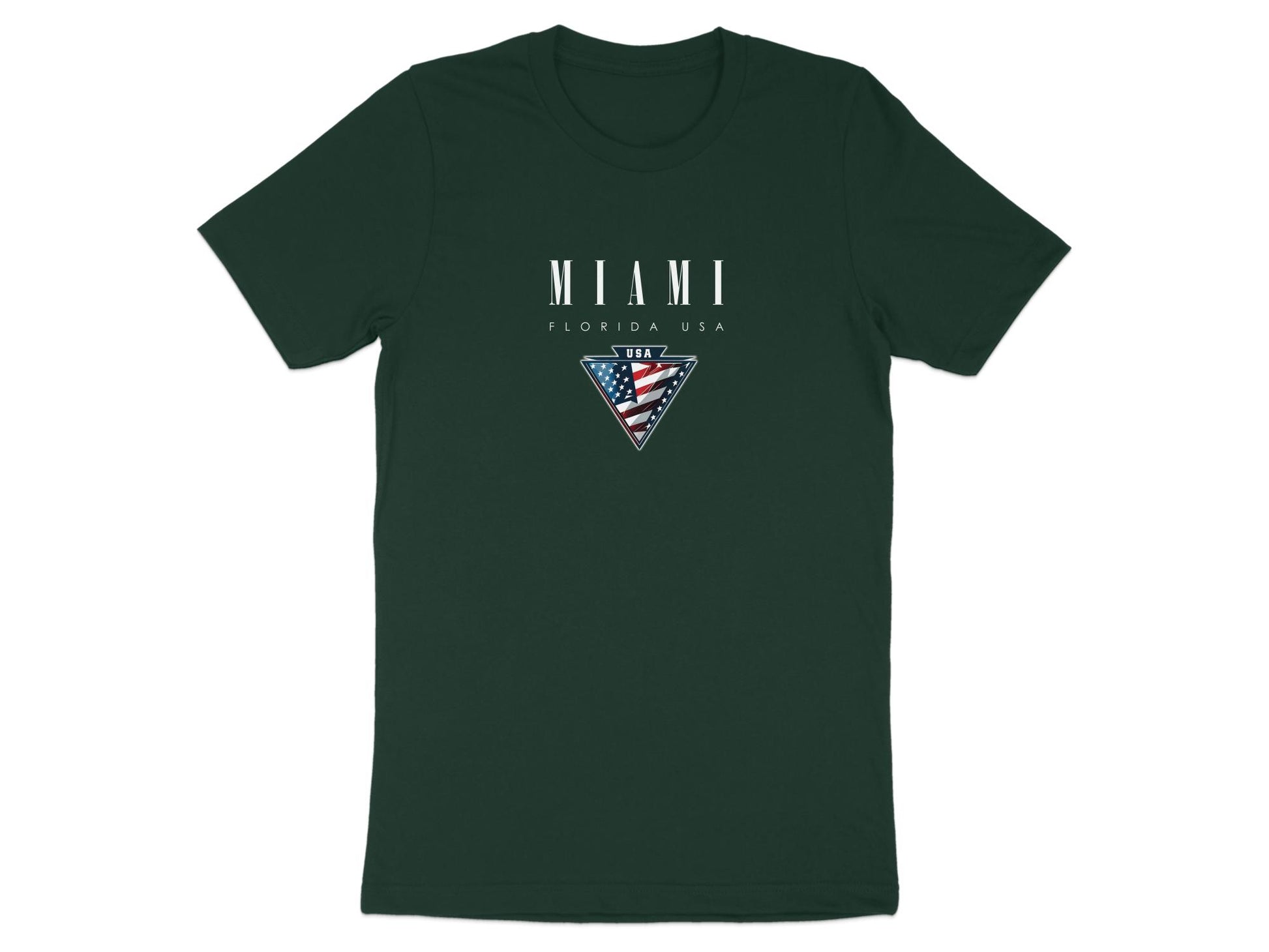 Forest green Miami T-shirt with centre-chest American flag badge and metallic-style border detail.