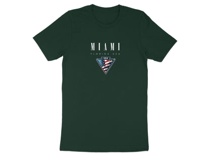 Forest green Miami T-shirt with centre-chest American flag badge and metallic-style border detail.