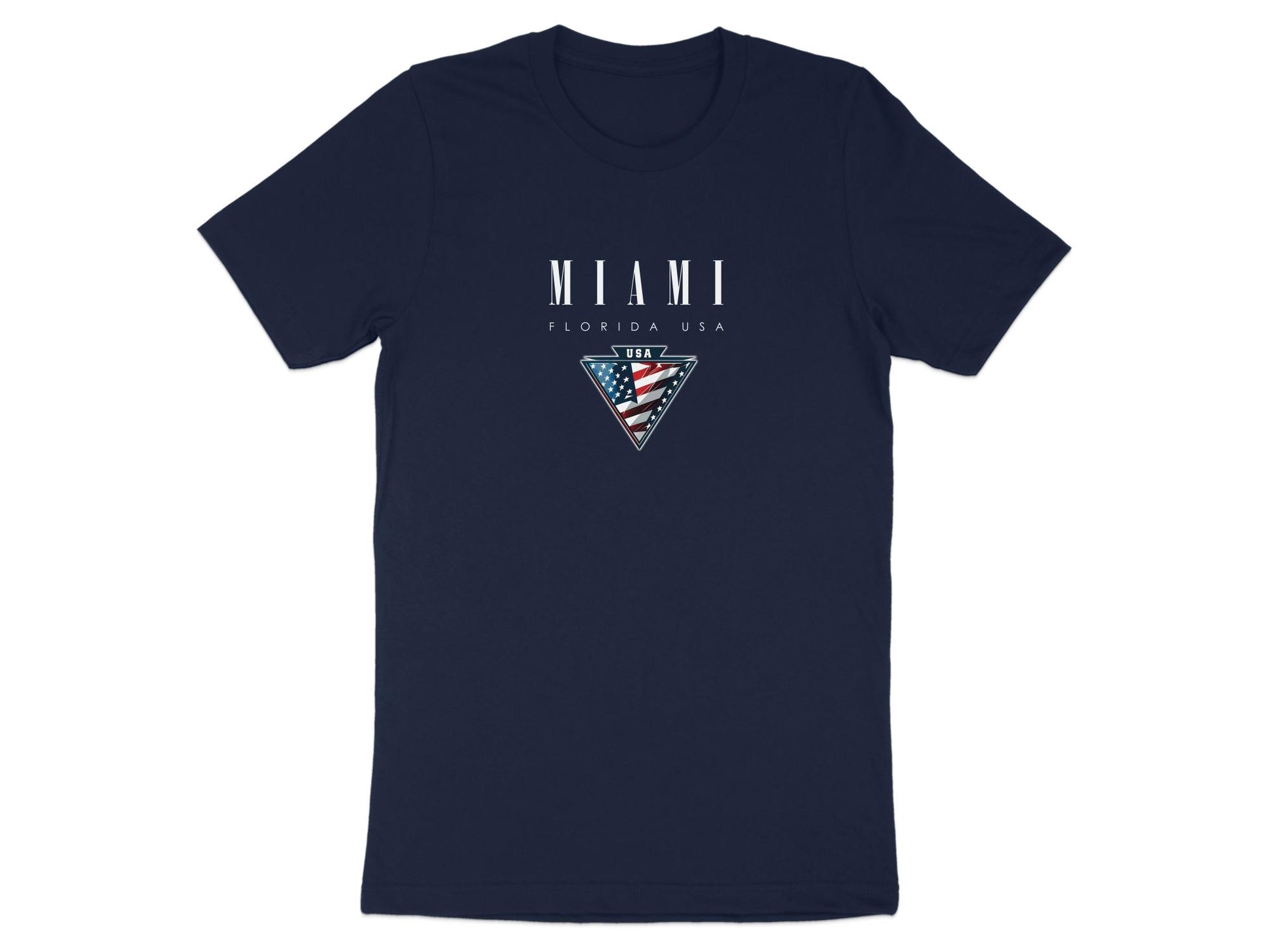 Navy Miami T-shirt featuring wide-spaced serif Miami lettering and Florida USA badge artwork.