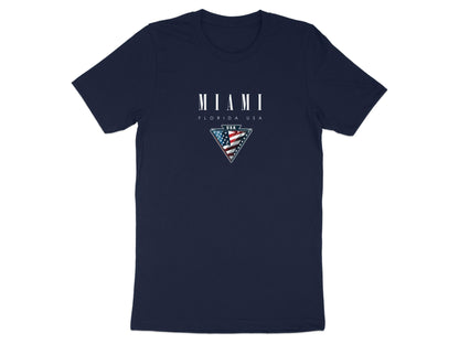 Navy Miami T-shirt featuring wide-spaced serif Miami lettering and Florida USA badge artwork.
