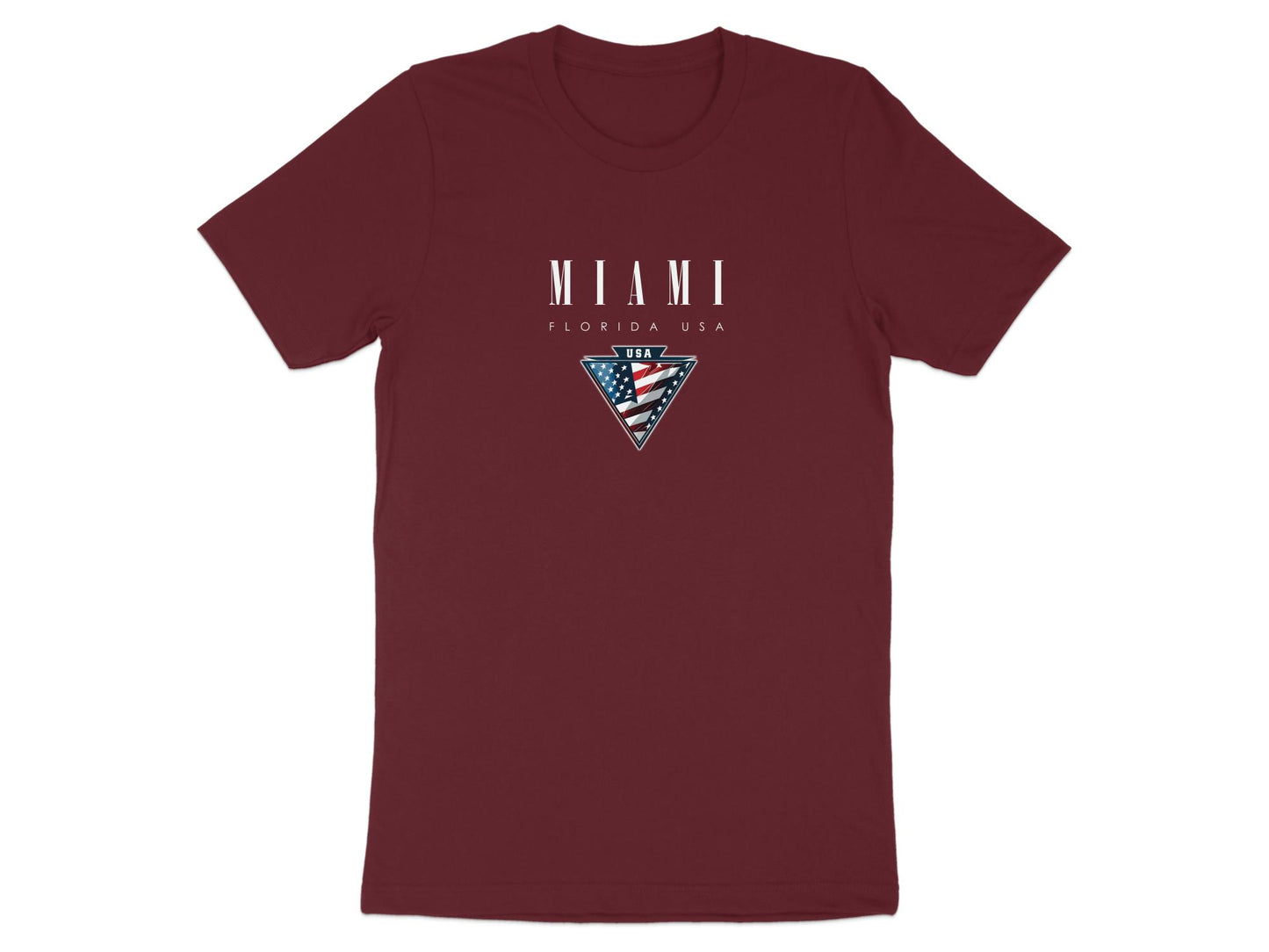 Maroon Miami T-shirt featuring white serif Miami typography and framed Americana-style flag emblem.