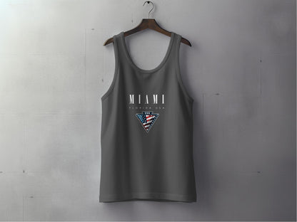 Charcoal Miami Tank Top featuring clean Miami text layout with stylised American flag triangle emblem.