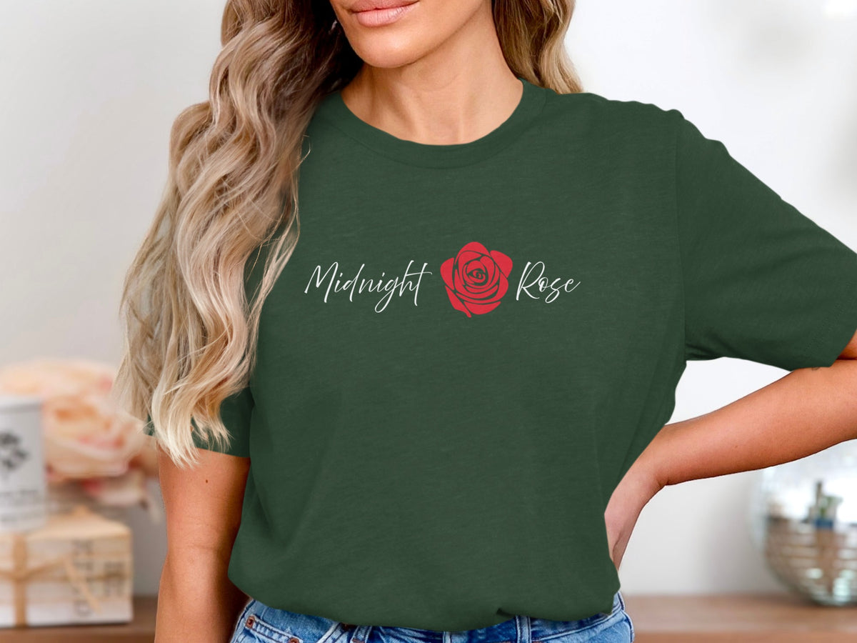 Forest Green Midnight Rose T-Shirt showcasing white flowing script and a single red rose against a clean background.