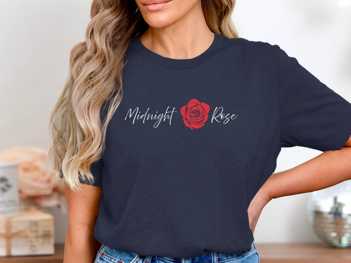 Navy Midnight Rose T-Shirt displaying elegant white handwritten lettering split by a stylised red rose graphic.