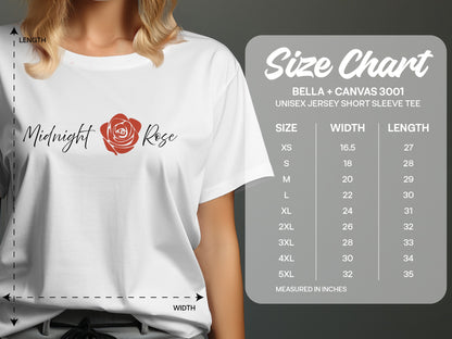 Size chart for the Midnight Rose graphic T-Shirt, showing chest width and body length measurements in inches for sizes S-3XL.