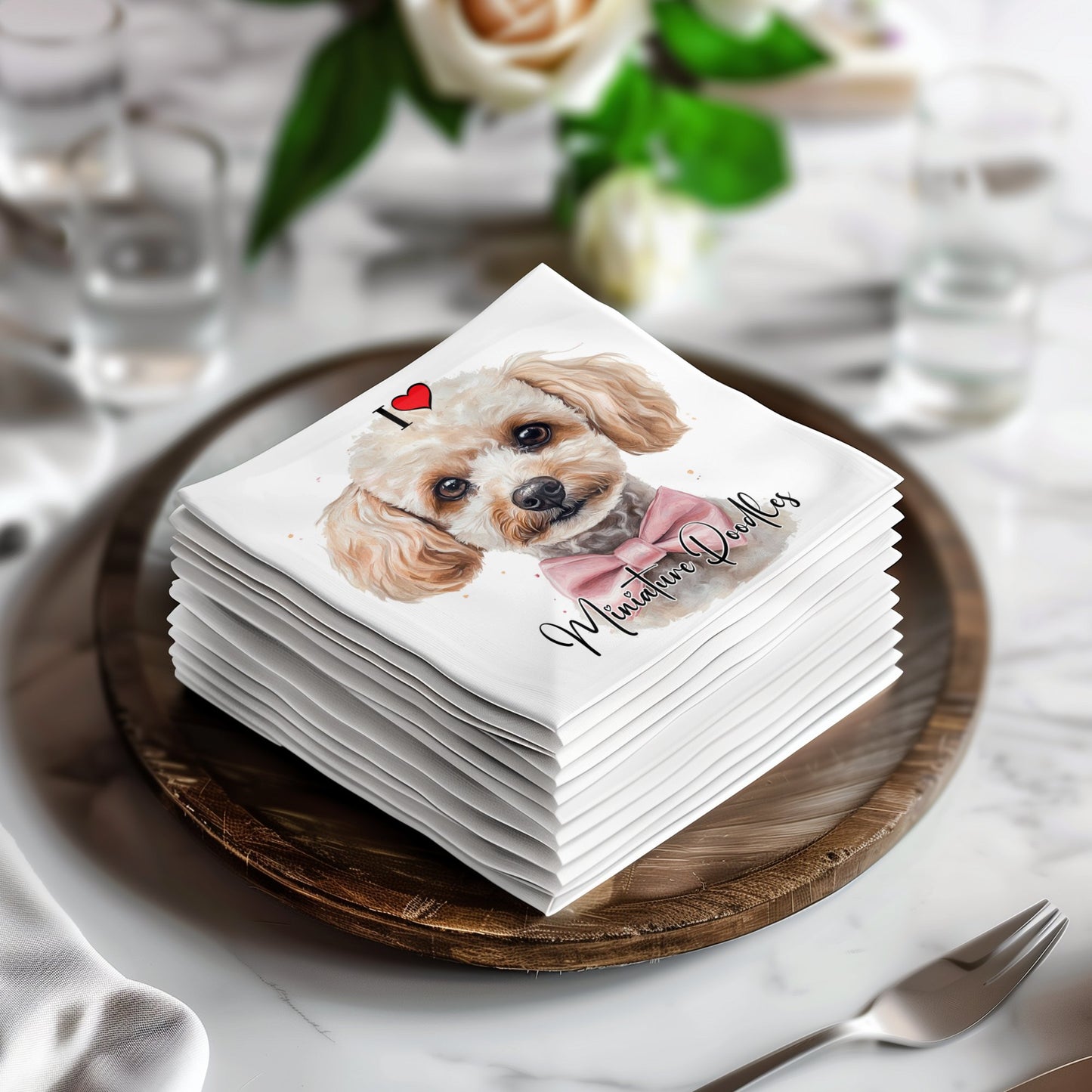 3-ply napkins featuring a cute miniature poodle design, perfect for dog lovers' parties.