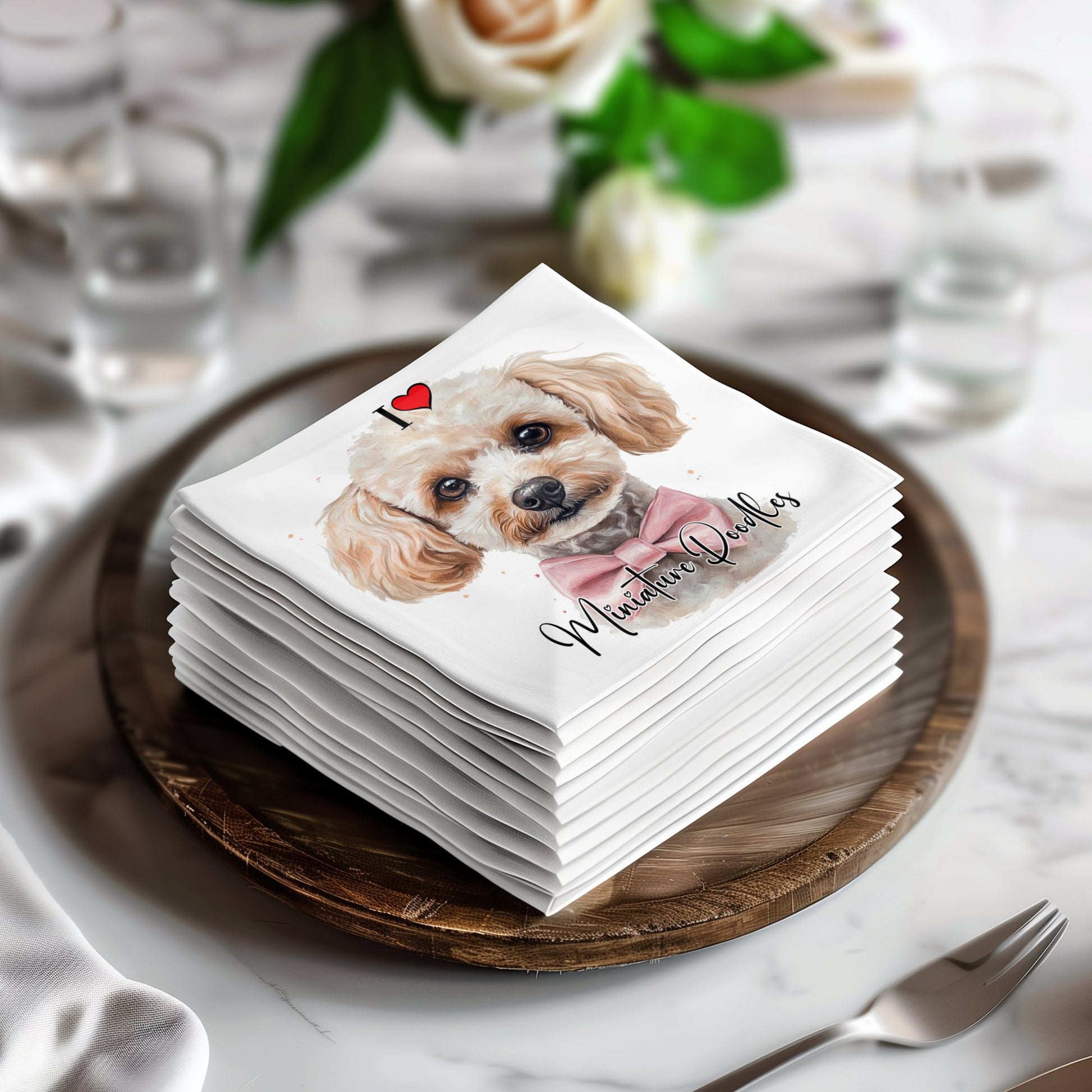 3-ply napkins featuring a cute miniature poodle design, perfect for dog lovers' parties.