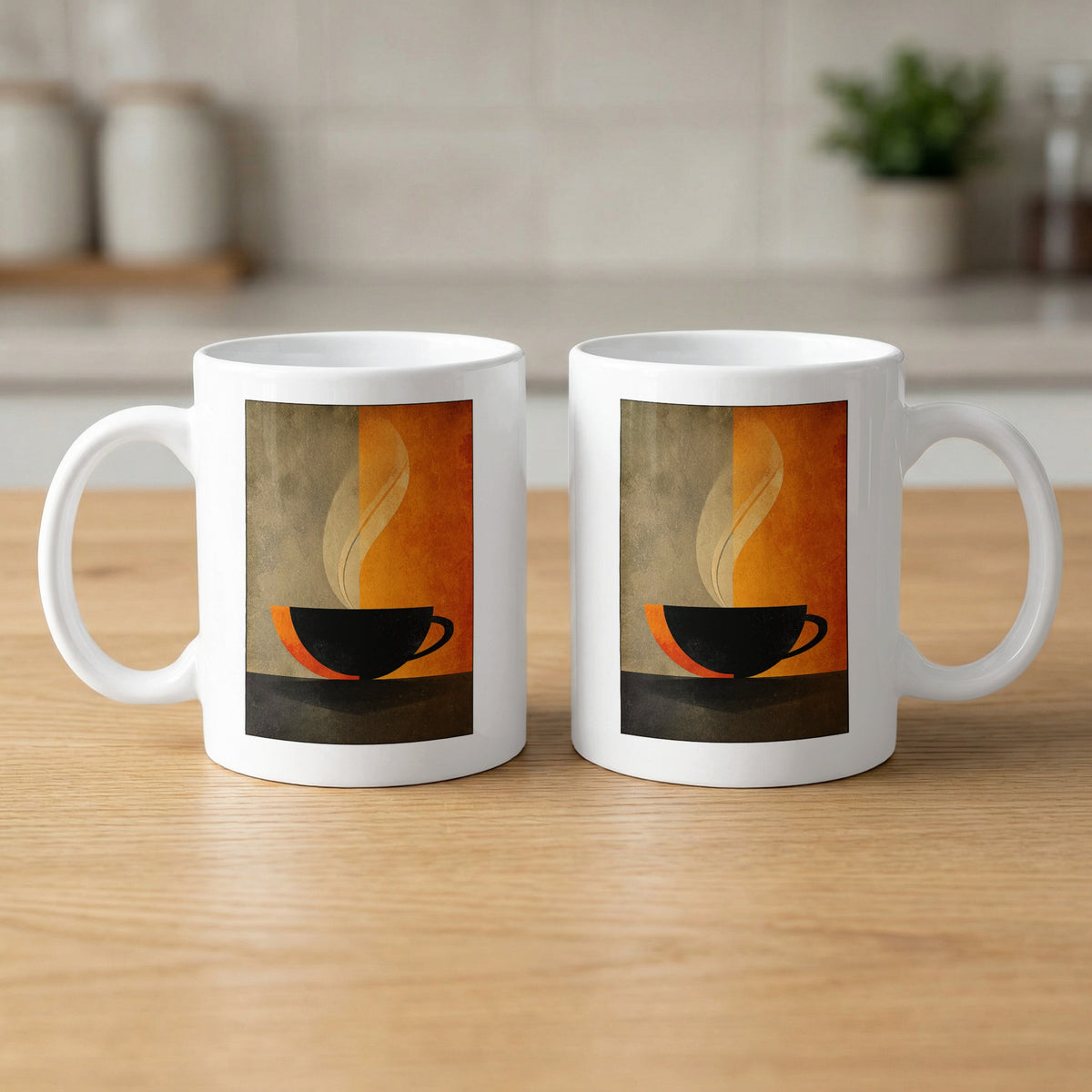 White Minimalist Coffee and Steam Mug 11oz showing both sides with matching black cup silhouettes and two-tone colour fields.