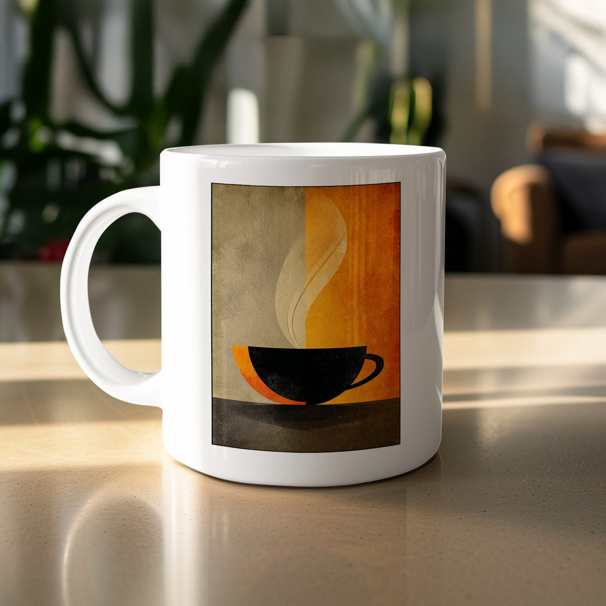 11oz Minimalist Coffee and Steam Mug with black cup silhouette, cream steam curl and olive-grey and burnt orange fields.
