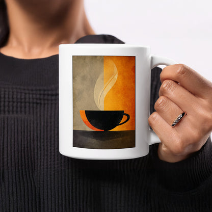 Handheld 11oz white Minimalist Coffee and Steam Mug showing a bold black silhouette against contrasting warm and cool tones.