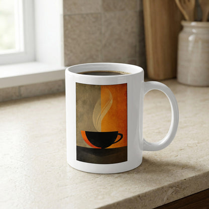 Minimalist Coffee and Steam 11oz mug on a kitchen bench featuring a cream steam curl and burnt orange geometric backdrop.