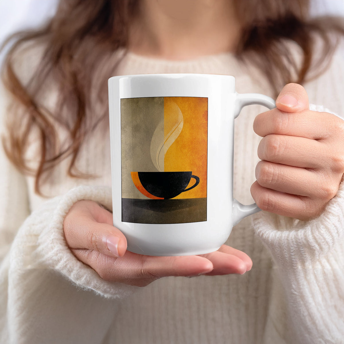 Handheld 15oz Minimalist Coffee and Steam Mug featuring a simple cup silhouette, elegant steam curl and olive-grey tones.