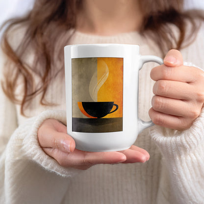 Handheld 15oz Minimalist Coffee and Steam Mug featuring a simple cup silhouette, elegant steam curl and olive-grey tones.
